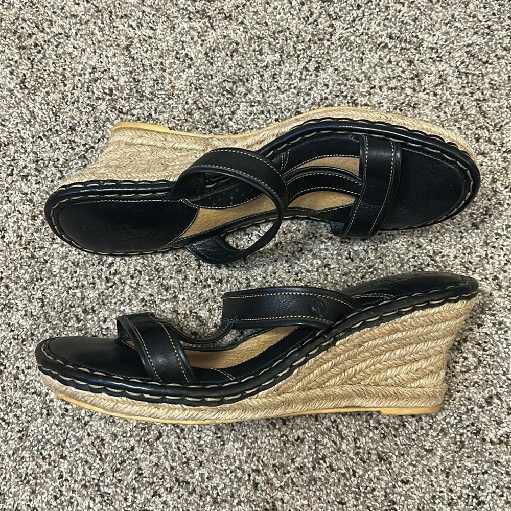 Born Drilles British Black Leather Espadrilles Wedge Sandals Slip On size 10 - Picture 5 of 12